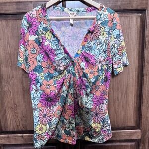 BiBi Women's XL Floral Print Ruched V-Neck Top Stretch Knit‎ Short Sleeve Tee